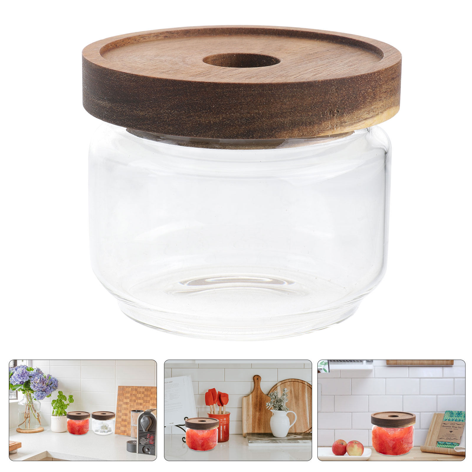Food Storage Jars With Wooden Lids - 350Ml Şeffaf Isıya Dayanıklı Cam Çay