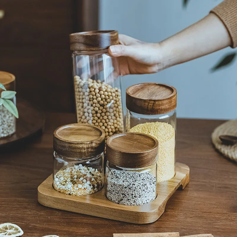 Food Storage Jars With Wooden Lids - Ahşap kapak Orgnizer cam hava geçirmez