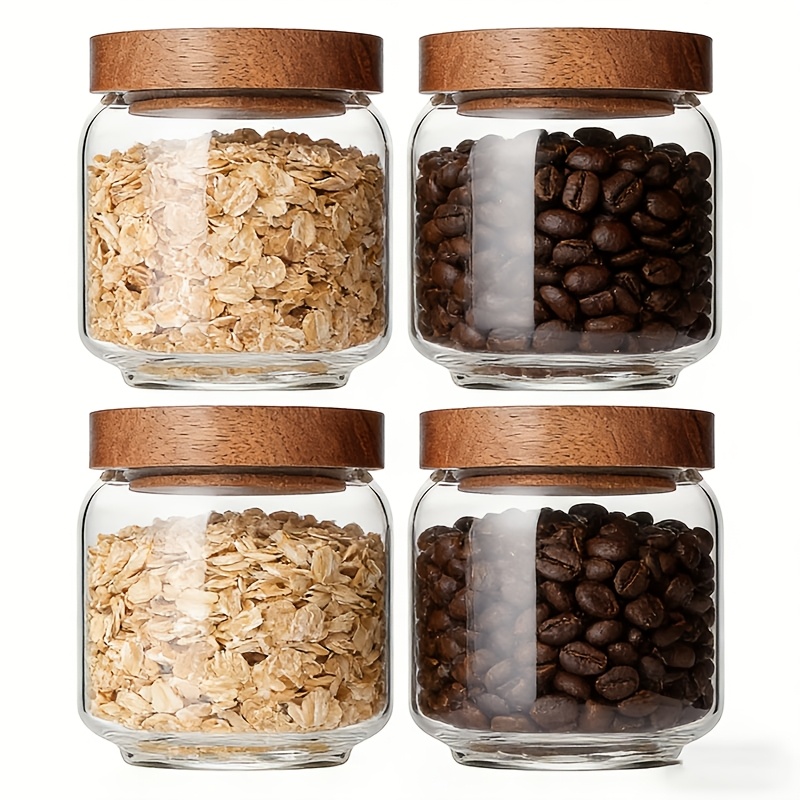 Food Storage Jars With Wooden Lids - 4'lü Paket 15oz Şeffaf Cam Kavanozlar,